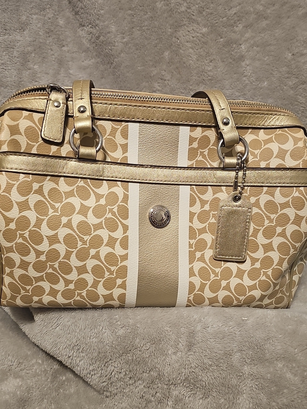 Coach Beige and Gold Boston Signature Stripe Satchel